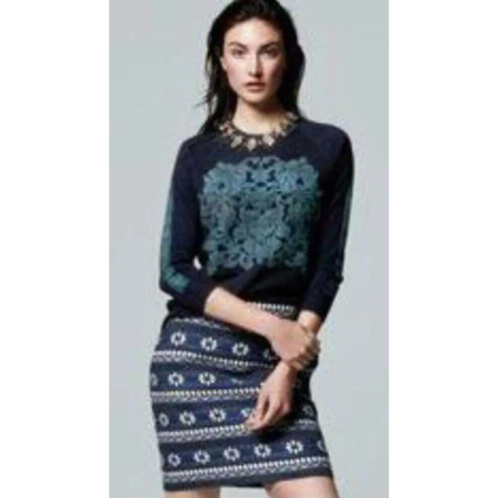 J.Crew Women's Embossed Floral Merino Wool Blend Sweater Navy Blue Size Xs